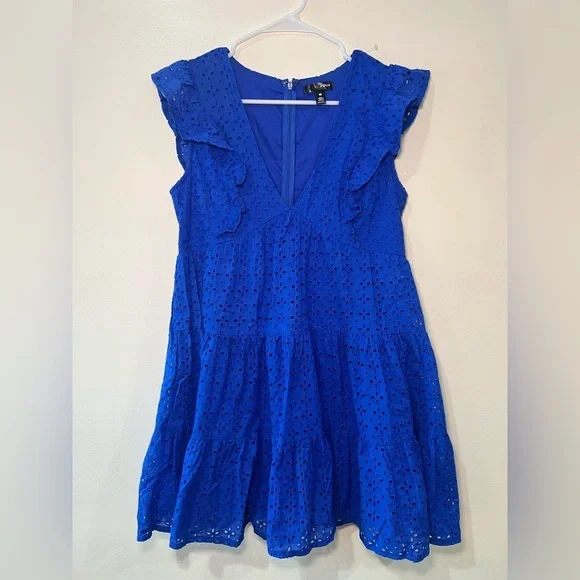Aqua Women’s 100% Cotton Blue Eyelet Ruffle Dress - Picture 2 of 6